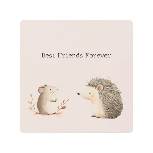 Cute Brown Cream Hedgehog Mouse Best Friends Metal Print (Front)
