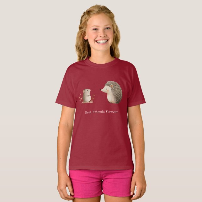 Cute Brown Cream Hedgehog Mouse Best Friends T-Shirt (Front Full)