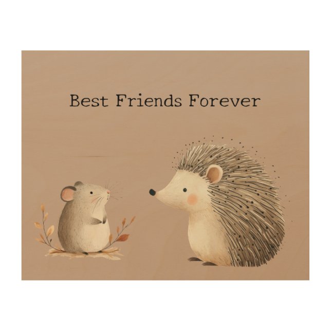 Cute Brown Cream Hedgehog Mouse Best Friends Wood Wall Art (Front)