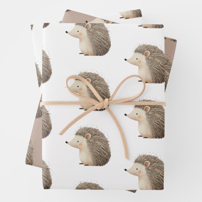 Cute Brown Cream Hedgehog Wrapping Paper Sheets (In situ)