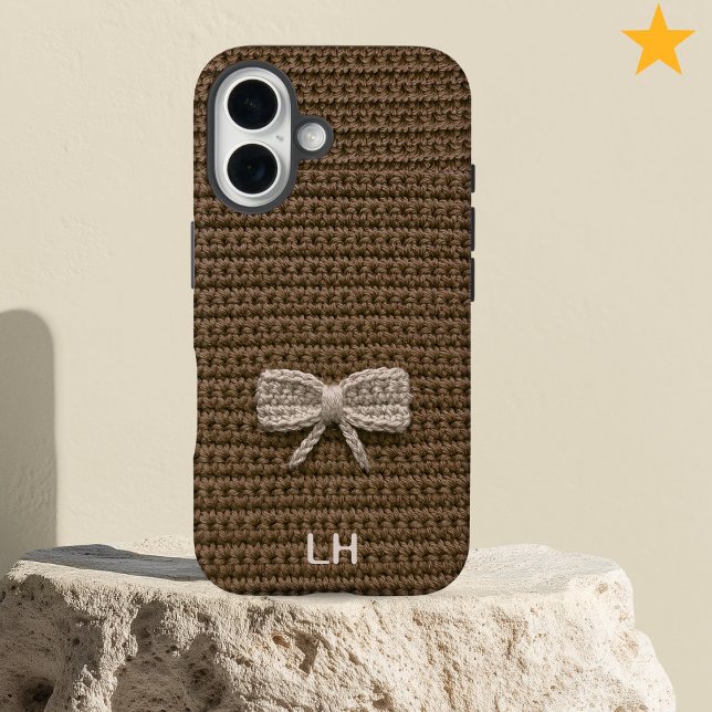 Cute Brown Crochet Bow Yarn Custom Name Case-Mate iPhone Case (Creator Uploaded)