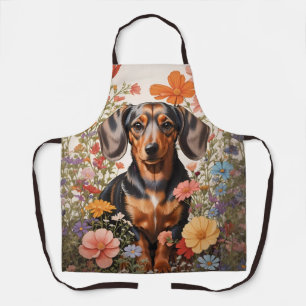 Cute Brown Dachshund And Cosmos Flowers Apron