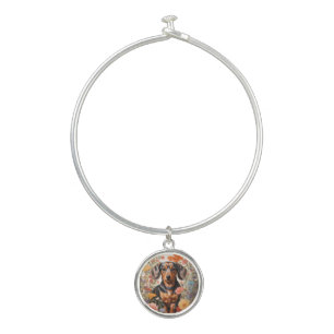 Cute Brown Dachshund And Cosmos Flowers Bangle Bracelet