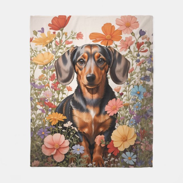 Cute Brown Dachshund And Cosmos Flowers Fleece Blanket (Front)