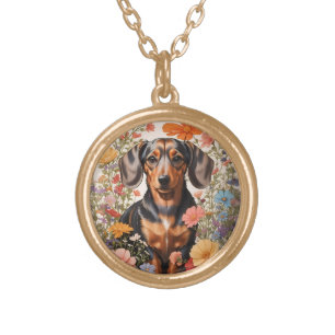 Cute Brown Dachshund And Cosmos Flowers Gold Plated Necklace