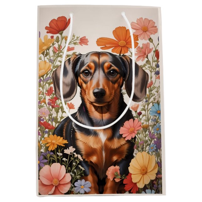 Cute Brown Dachshund And Cosmos Flowers Medium Gift Bag (Front)