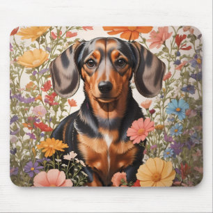 Cute Brown Dachshund And Cosmos Flowers Mouse Pad