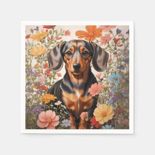 Cute Brown Dachshund And Cosmos Flowers Napkins