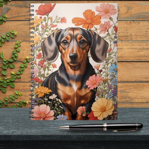 Cute Brown Dachshund And Cosmos Flowers Notebook