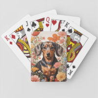 Cute Brown Dachshund And Cosmos Flowers Playing Cards