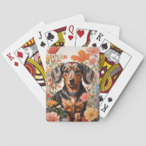 Cute Brown Dachshund And Cosmos Flowers Poker Cards