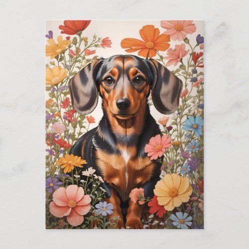 Cute Brown Dachshund And Cosmos Flowers Postcard