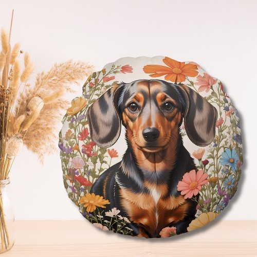 Cute Brown Dachshund And Cosmos Flowers Round Pillow