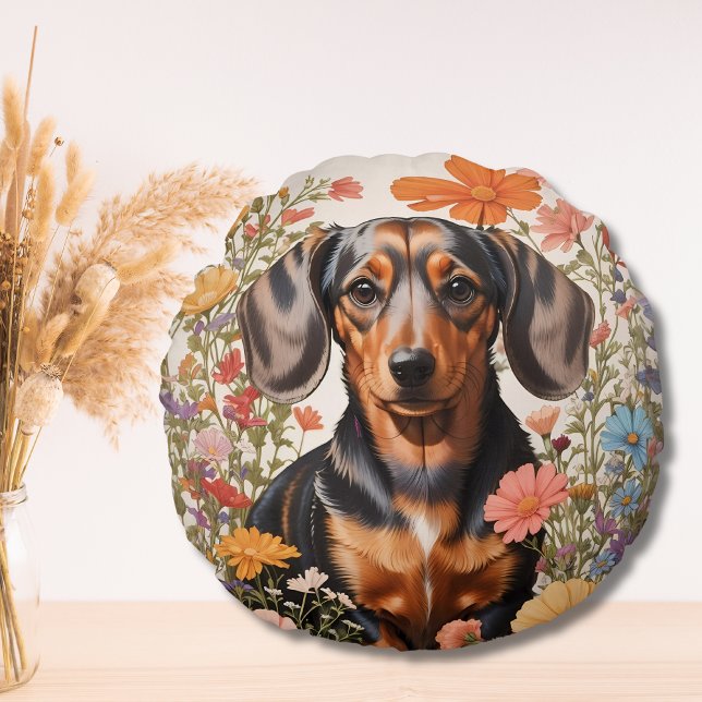 Cute Brown Dachshund And Cosmos Flowers Round Pillow (Creator Uploaded)