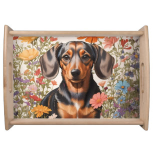 Cute Brown Dachshund And Cosmos Flowers Serving Tray