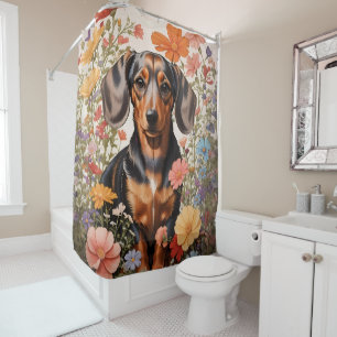 Cute Brown Dachshund And Cosmos Flowers Shower Curtain