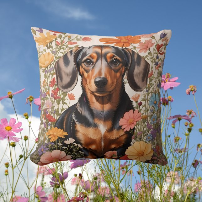 Cute Brown Dachshund And Cosmos Flowers Throw Pillow (Creator Uploaded)