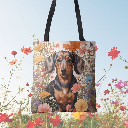 Cute Brown Dachshund And Cosmos Flowers Tote Bag