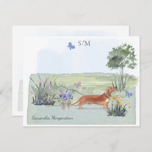 Cute Brown Dachshund Dog Butterfly Monogram Name  Note Card