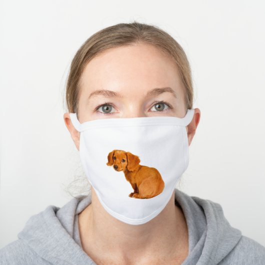 Cute Brown Dachshund Puppy Dog White Cotton Face Mask (Worn)
