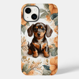 Cute Brown Dachshund Puppy Peach Floral Case-Mate iPhone 14 Case