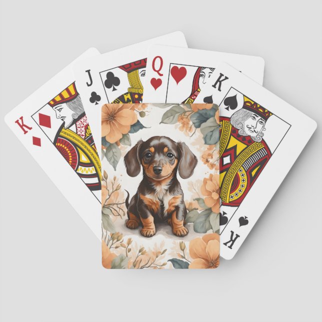 Cute Brown Dachshund Puppy Peach Floral  Poker Cards (Back)
