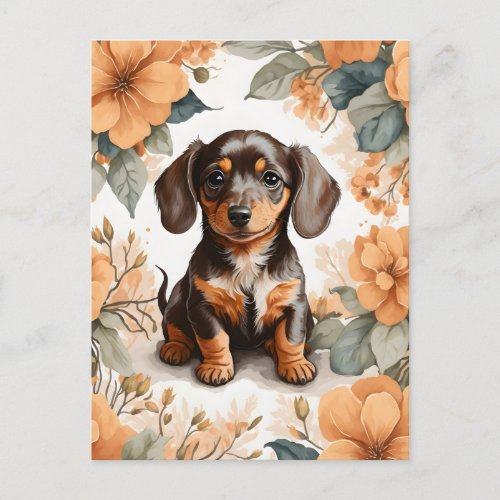 Cute Brown Dachshund Puppy Peach Floral  Postcard