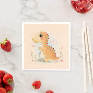 Cute Brown Dinosaur Watercolor Napkins