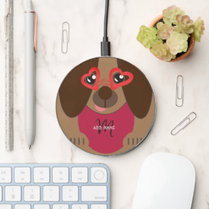 Cute Brown Dog Name Monogram Viva Magenta Wireless Charger