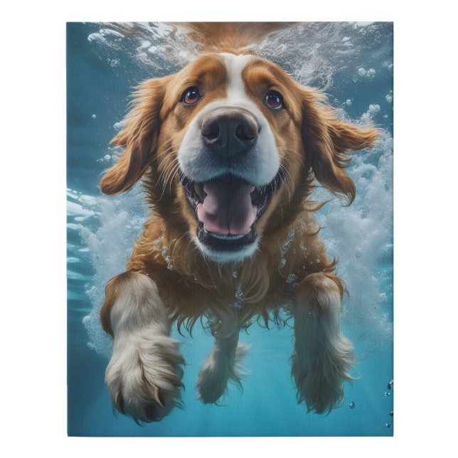Cute Brown Dog Underwater Swimming Blue Water Faux Canvas Print (Front)
