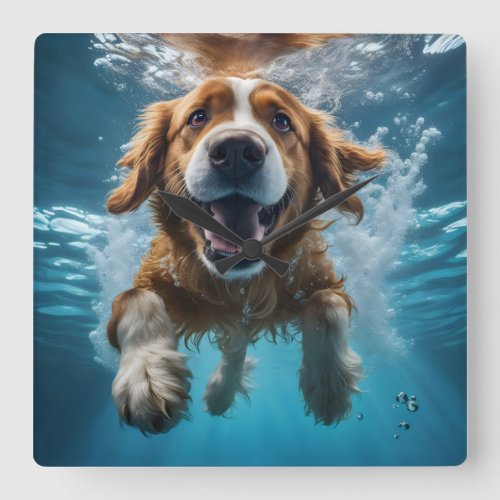 Cute Brown Dog Underwater Swimming Blue Water Square Wall Clock