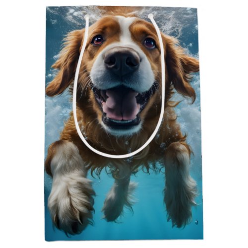 Cute Brown Dog Underwater Swimming  Medium Gift Bag