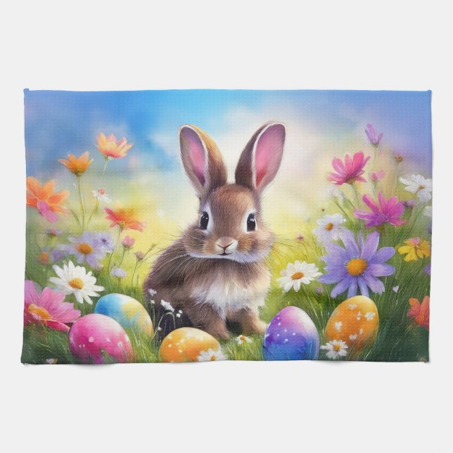 Cute Brown Easter Baby Bunny Kitchen Towel (Horizontal)