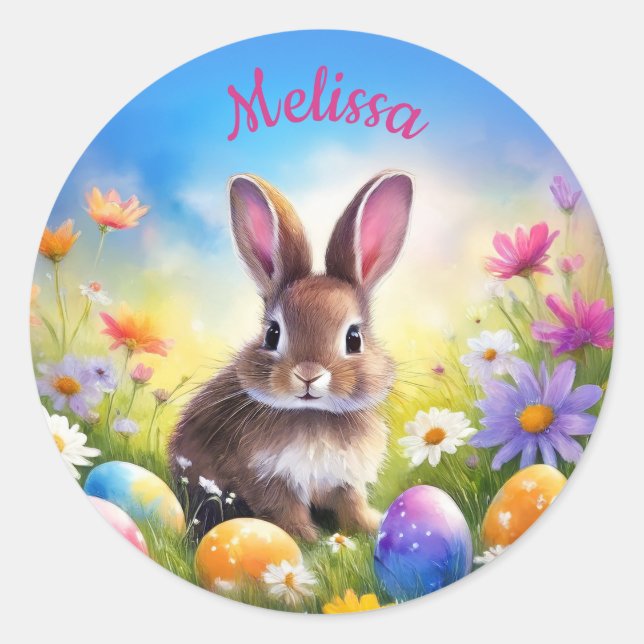 Cute Brown Easter Baby Bunny Name Classic Round Sticker (Front)