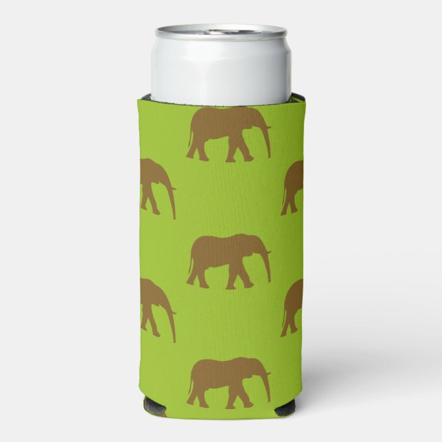 Cute brown elephant silhouettes green seltzer can cooler (Seltzer Front)
