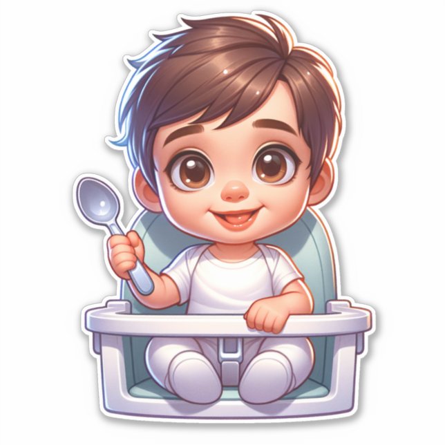 Cute Brown Eyed Baby Boy Holding a Spoon Sticker (Front)