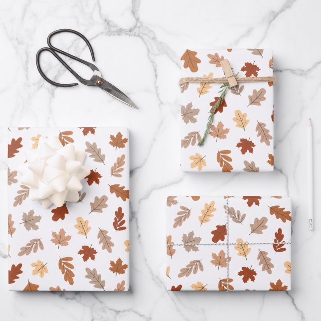 Cute Brown Fall Leaves Pattern Wrapping Paper Sheets (Front)