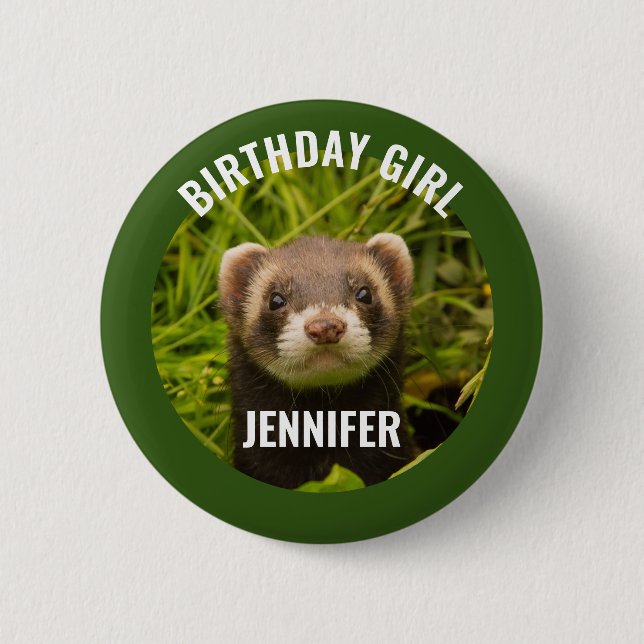Cute Brown Ferret in the Grass Birthday Girl Button (Front)