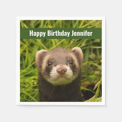 Cute Brown Ferret in the Grass Happy Birthday Napkins