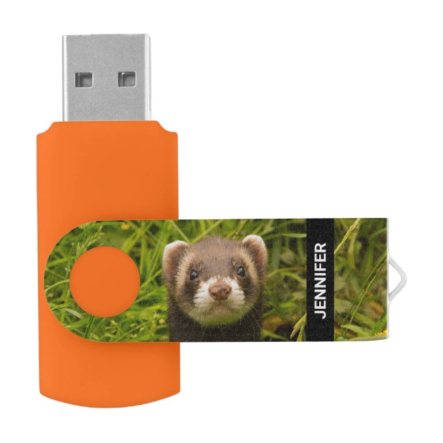 Cute Brown Ferret in the Grass Photo Flash Drive (Opened)