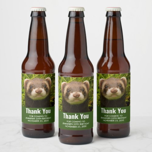 Cute Brown Ferret in the Grass Thank You Birthday Beer Bottle Label