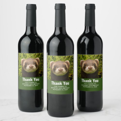 Cute Brown Ferret in the Grass Thank You Birthday Wine Label