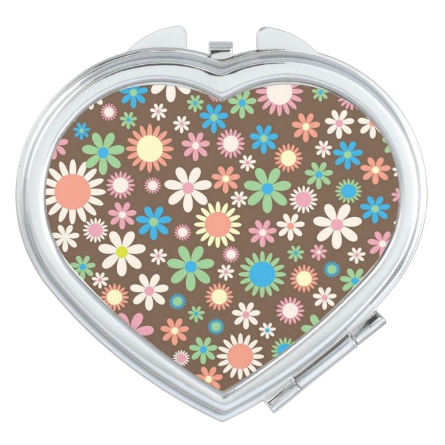 Cute Brown Flower Power Pattern Compact Mirror (Front)