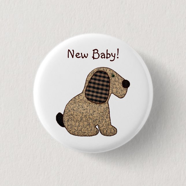Cute Brown Gingham Patchwork Puppy Dog Button (Front)