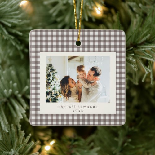 Cute Brown Gingham Plaid Custom Photo Christmas Ceramic Ornament