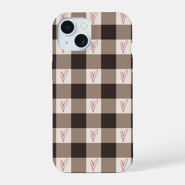 Cute Brown Gingham Plaid Hearts Pattern iPhone  Case (Back)