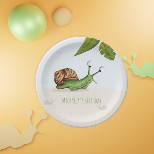 Cute Brown Green Snail Illustration Party Paper Plates