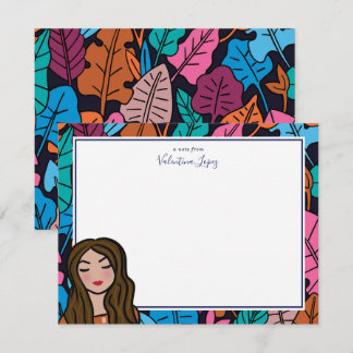 Cute Brown Hair Lady Cartoon Character Note Card