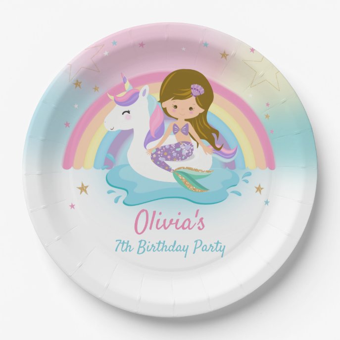 Cute Brown Hair Mermaid and Unicorn Pool Birthday Paper Plates