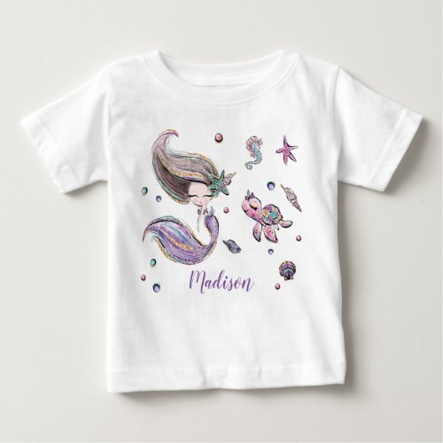 Cute Brown Hair Mermaid Under the Sea Girl Baby T_Shirt